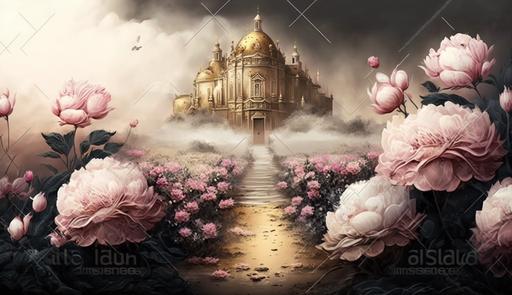 beautiful dreamy golden and pink Princess girl´s castle with bushes of white and pink peonies, lilacs and spring flowers, path of petals, light colors pink, dusty lilac, white, sand, Renoir pictoric style, volume lighting, --ar 16:9