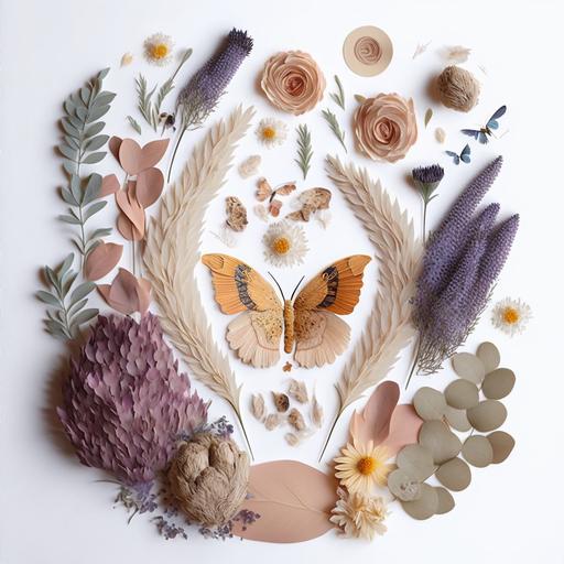 beautiful dried and pressed flowers, butterflies, pastel ribbon, origami, feathers, knolling