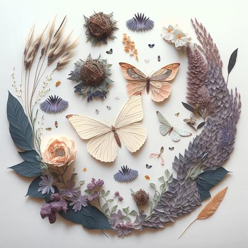 beautiful dried and pressed flowers, butterflies, pastel ribbon, origami, feathers, knolling