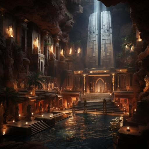 beautiful egyptian city built inside a giant cave, marble pillars, onyx statues, dynamic lighting, ultra realistic
