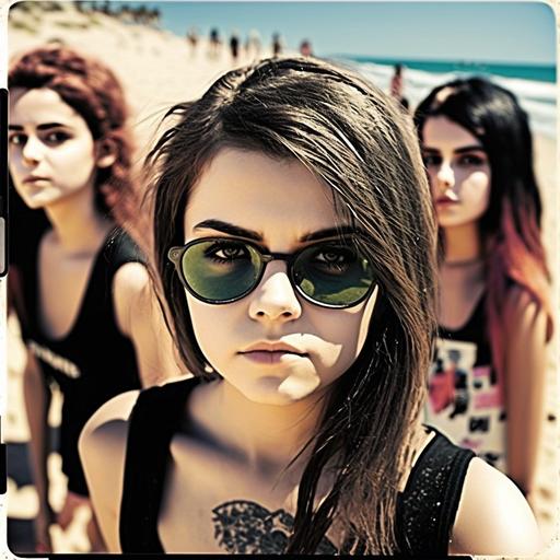beautiful emo punk goth beach holiday party starring SELENA GOMEZ emma watson Blink 182 8k realistic wide angle camera beautiful ocean sandy beach