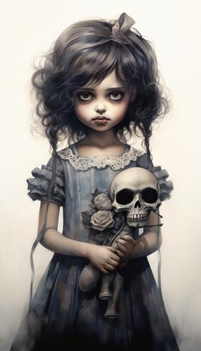 beautiful expressive little Mexican girl holding painted Catrina Sugar Skull doll, style of charcoal drawing, muted colors, --ar 4:7
