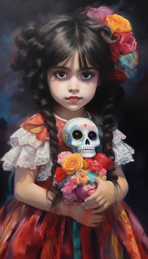 beautiful expressive little Mexican girl holding painted Catrina Sugar Skull doll, style of charcoal drawing, bright colors, --ar 4:7