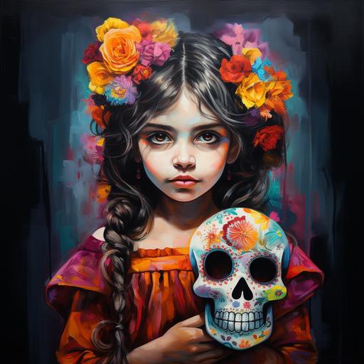beautiful expressive little Mexican girl holding painted Catrina Sugar Skull doll, style of charcoal drawing, bright colors