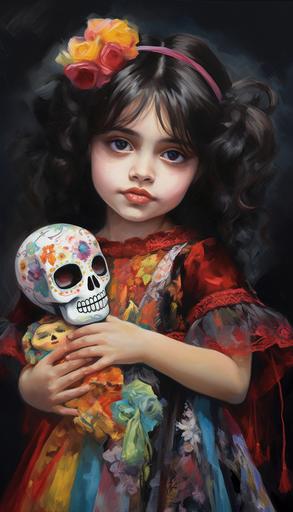 beautiful expressive little Mexican girl holding painted Catrina Sugar Skull doll, style of charcoal drawing, bright colors, --ar 4:7