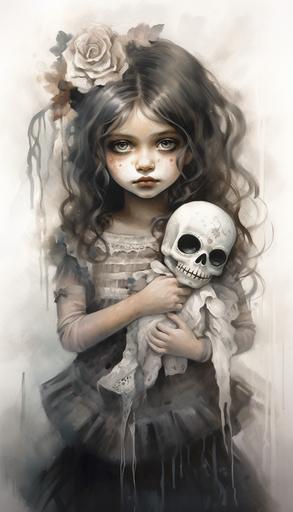 beautiful expressive little Mexican girl holding painted Catrina Sugar Skull doll, style of charcoal drawing, muted colors, --ar 4:7