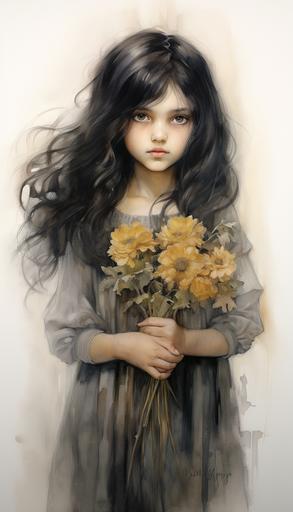 beautiful expressive little girl with black hair holding bouquet of marigolds, style of charcoal drawing, muted colors, --ar 4:7