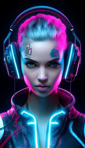 beautiful expressive very young futuristic gamer female with shaved head, facing forward, neon turquoise and magenta, head gear, --ar 4:7