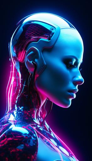beautiful expressive very young futuristic soldier female with shaved head, facing forward, neon turquoise and magenta, head gear, --ar 4:7