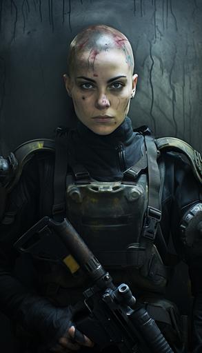 beautiful expressive young caucasian female with shaved head, wearing tactical gear, style of colored charcoal drawing, dark moody colors, --ar 4:7
