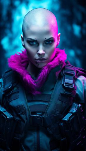 beautiful expressive young caucasian female with shaved head, wearing tactical gear, turquoise and magenta neon, dark moody colors, --ar 4:7 --v 5.2
