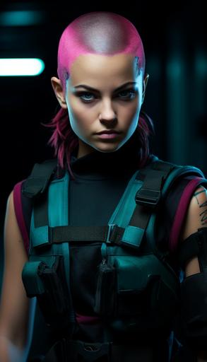 beautiful expressive young caucasian female with shaved head, wearing tactical gear, turquoise and magenta neon, dark moody colors, --ar 4:7 --v 5.2
