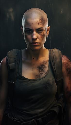beautiful expressive young caucasian female with shaved head, wearing tactical gear, style of colored charcoal drawing, dark moody colors, --ar 4:7
