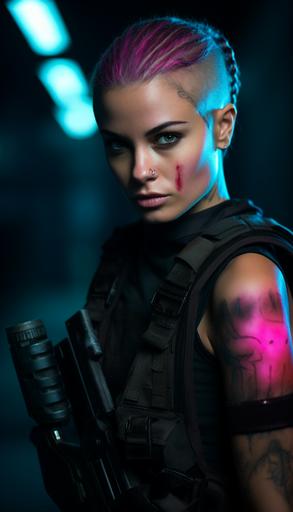 beautiful expressive young caucasian female with shaved head, wearing tactical gear, style of colored charcoal turquoise and magenta neon, --ar 4:7 --v 5.2