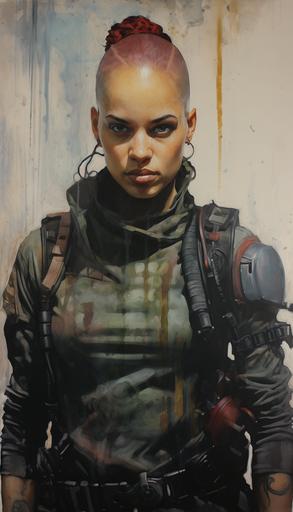 beautiful expressive young female with shaved head, wearing tactical gear, style of colored charcoal drawing, dark moody colors, --ar 4:7
