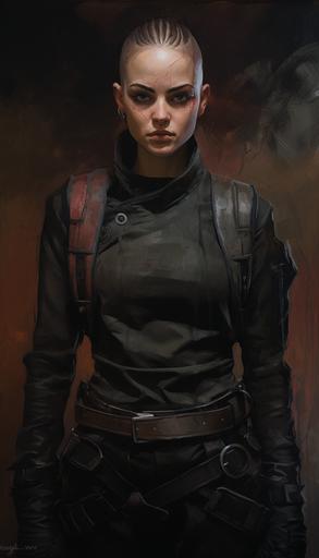 beautiful expressive young female with shaved head, wearing tactical gear, style of colored charcoal drawing, dark moody colors, --ar 4:7