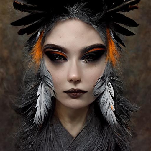 beautiful face with makeup like a secretary bird, long black eyelashes and beautiful silver ombre hair, orange eyeshadow, muted dark forest background, dark fantasy, black iron jewelry like feathers
