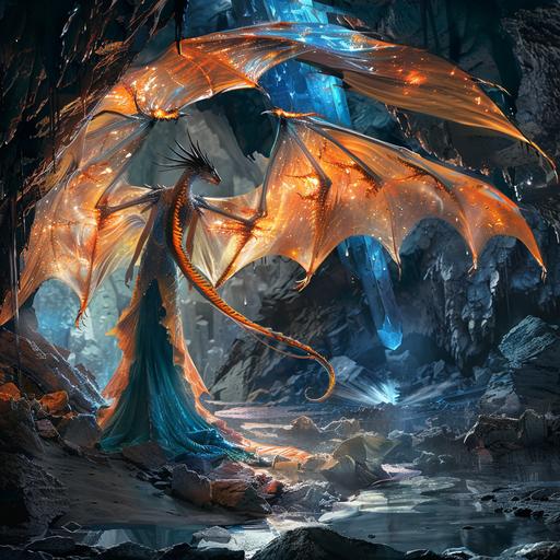 beautiful female blue dragon maiden with glowing orange dragon wings, long flowing gown, in a dark evil giant crystal cave, Cinematic Lighting, moon light --v 6.0