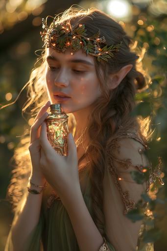 beautiful female elf holding a small bottle against her cheek, nepenthes potion, ornate bottle, magical glow, Greek mythology, potion of blissful oblivion::1 splatter, messy hair, stray hairs, blemishes, streaks, scratches, splash::-0.3 --ar 2:3 --v 6.0 --style raw --s 250