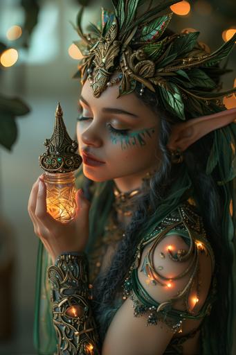 beautiful female elf imbibing a highly addictive potion from a small bottle, nepenthes potion, ornate bottle, magical glow, Greek mythology, potion of blissful oblivion::1 splatter, messy hair, stray hairs, blemishes, streaks, scratches, splash::-0.5 --ar 2:3 --v 6.0 --style raw --s 500