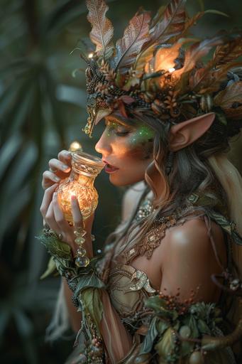 beautiful female elf imbibing a highly addictive potion from a small bottle, nepenthes potion, ornate bottle, magical glow, Greek mythology, potion of blissful oblivion::1 splatter, messy hair, stray hairs, blemishes, streaks, scratches, splash::-0.3 --ar 2:3 --v 6.0 --style raw --s 250