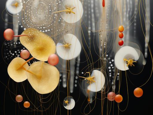 beautiful fine art, gold leaf string beans, abstract, orchads phaelenopsis, dancing interlaced convolution matrix code tracers with tornadic scan lines by Jack Whitten, art by Hilma af Klint, gustav klimt, edgar degas --ar 53:40 --v 5.2 --s 50 --style raw