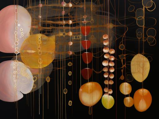 beautiful fine art, gold leaf string beans, abstract, orchads phaelenopsis, dancing interlaced convolution matrix code tracers with tornadic scan lines by Jack Whitten, art by Hilma af Klint, gustav klimt, edgar degas --ar 53:40 --v 5.0 --s 50
