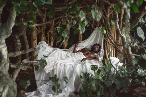 beautiful fit black man laying in a bed with wooden post and vines, white linens on bed, bed sits in the middle of a releastic forrest , enchanting and dreamy --ar 3:2 --v 6.0