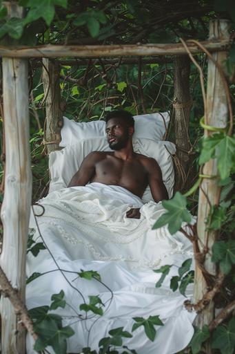 beautiful fit black man laying in a bed with wooden post and vines, white linens on bed, bed sits in the middle of a releastic forrest , enchanting and dreamy --ar 2:3 --v 6.0