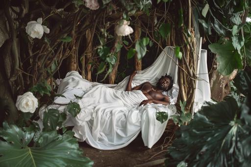 beautiful fit black man laying in a bed with wooden post and vines, white linens on bed, bed sits in the middle of a releastic forrest , enchanting and dreamy --ar 3:2 --v 6.0