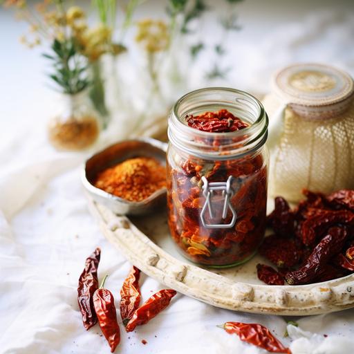 beautiful food photography, a jar of sun-dried tomatoes with spices on a beautiful white tablecloth, garlic, peppercorns