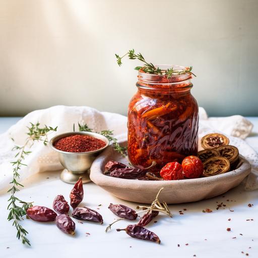beautiful food photography, a jar of sun-dried tomatoes with spices on a beautiful white tablecloth, garlic, peppercorns