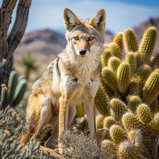 beautiful fur coyote, sneaking in the joshua tree national park