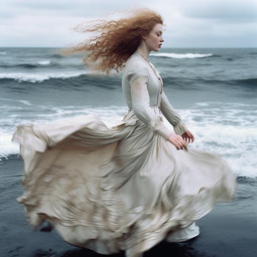 beautiful girl, full body, albino, white skin, water hair, curls, light blue eyes, victorian dress, photograph, mythological references, william bougeureu, vogue, style, walking on a luminous sea, watching the waves, strong wind, long exposure, Captured with the aesthetic of an old Kodak Brownie camera, f/8, timeless, low res,