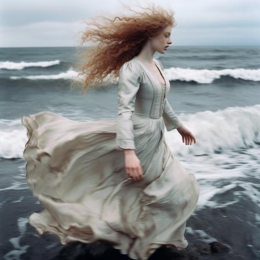 beautiful girl, full body, albino, white skin, water hair, curls, light blue eyes, victorian dress, photograph, mythological references, william bougeureu, vogue, style, walking on a luminous sea, watching the waves, strong wind, long exposure, Captured with the aesthetic of an old Kodak Brownie camera, f/8, timeless, low res,