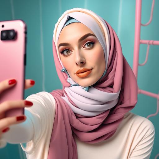 beautiful girl in swimsuits wearing hijab, posing for selfie, teen bedroom background, 8k