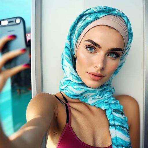 beautiful girl in swimsuits wearing hijab, posing for selfie, teen bedroom background, 8k