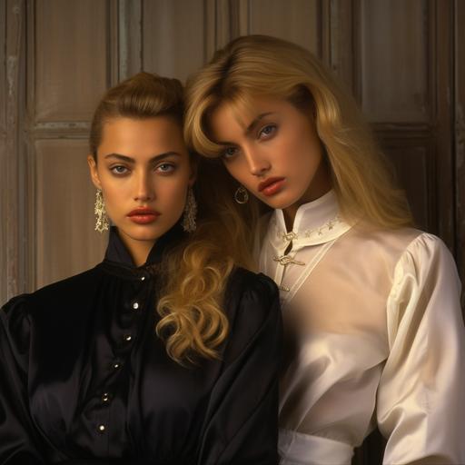 beautiful girl mixture between young Irina Shayk and a young Monica Bellucci, blonde hair, white silk high neck blouse, Old Money Aesthetic