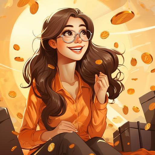 beautiful girl with a gift box in her hands from which coins are flying. flat cartoon style --s 250