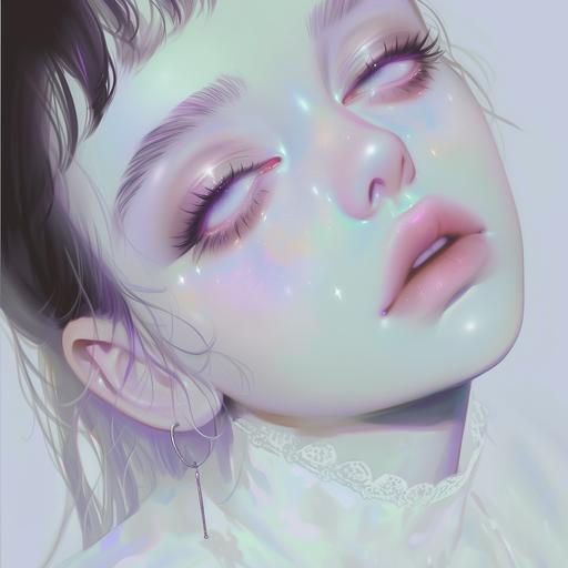 beautiful girl with white gloss skin, closed mouth, expressive open eyes glazed over with galaxy colours, --niji 6