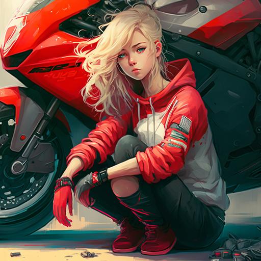,beautiful girl,talking,blonde hair,on a red kawasaki ninja motorcycle, Adidas sweatshirt, Japanese streets, from Artgerm, ripped jeans, Nike tennis,
