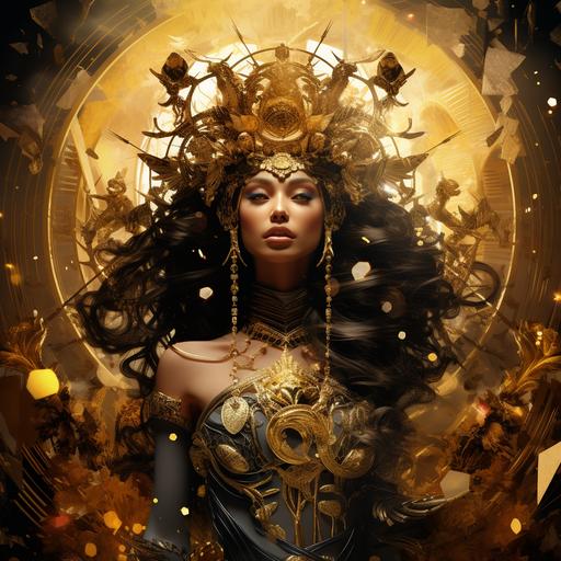 beautiful godess Fortuna, dark and gold color scheme, collage --v 5.2