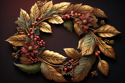 beautiful gold and red wreath, multicolor leaves, detailed ornaments, cinnamon, twinkle, hyperrealistic, illustration, realism, top view, depth of field, highly detailed, 8k resolution, dramatic lighting, --s 900 --v 4 --ar 3:2