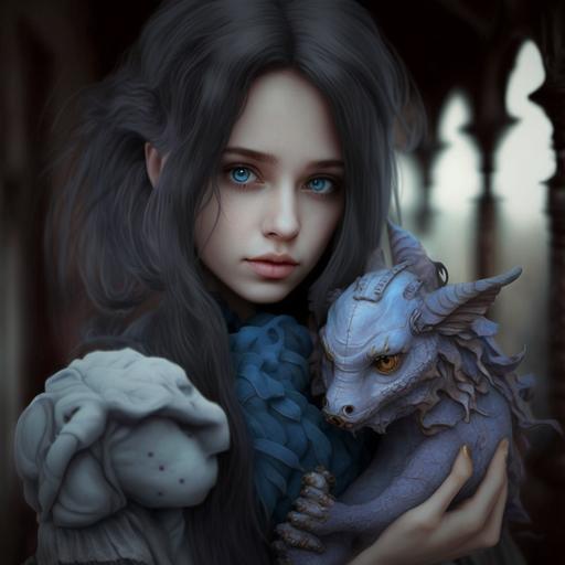 beautiful gothic girl with a stuffed periwinkle dragon toy