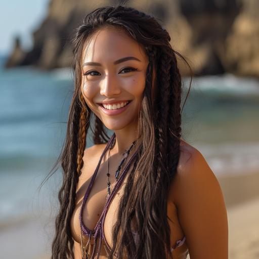 beautiful hapa woman in bikini, Japanese Mexican ethnic mix model, on paradise beach, full body, realistic photo, photo shoot, layered long hair style, pigtail braids, smiling, beautiful, hyper detailed