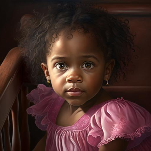 beautiful happy healthy 3 year old african american girl with brown curly hair and brown symetrical eyes stairing directly into the camera sitting in a basinet wearing a pink dress and pink shoes. Gold earrings in her ear and sparlly eyes. 8k.hd, unrealistic art, bright lighting