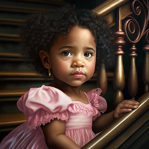 beautiful happy healthy 3 year old african american girl with brown curly hair and brown symetrical eyes stairing directly into the camera sitting in a basinet wearing a pink dress and pink shoes. Gold earrings in her ear and sparlly eyes. 8k.hd, unrealistic art, bright lighting