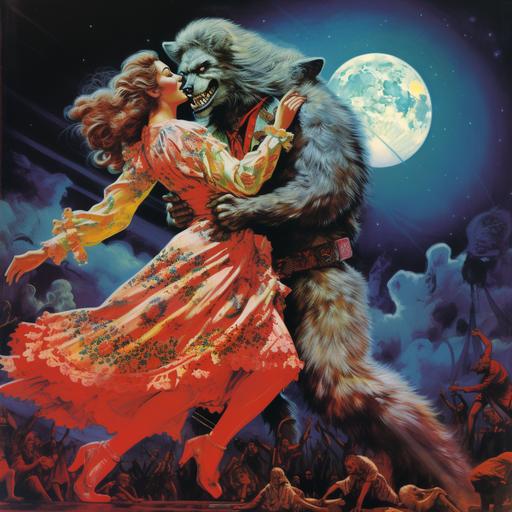 beautiful hippie male and female werewolves dancing in the moonlight in an album cover from the 1970s