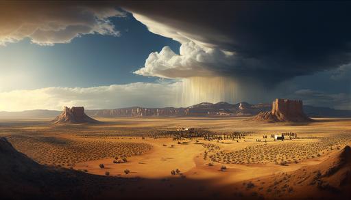 beautiful huge wild west desert panorama, mesa, dramatic storm skies, widescreen, huge herd of buffalo, high angle, aerial view, cinematic Light, Soft illumination, cinematic composition, wide-angle, atmospheric, photorealistic, hyperdetailed, Trending on artstation, octane render, 32k, --ar 16:9