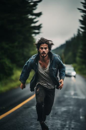 beautiful hundsome guy in denim overalls, dark hair, running, stormy weather :: analog film photo, realistic photo, 125 mm 1.2 lens, motion blur, dynamic poses, cinematic view, old style American road film atmosphere --ar 2:3